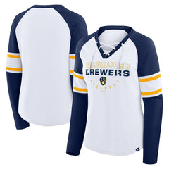 Milwaukee Brewers Fanatics Women's Blitz Package Raglan Lace-Up V-Neck Long Sleeve T-Shirt | MLB Discount