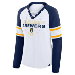 Milwaukee Brewers Fanatics Women's Blitz Package Raglan Lace-Up V-Neck Long Sleeve T-Shirt | MLB Discount