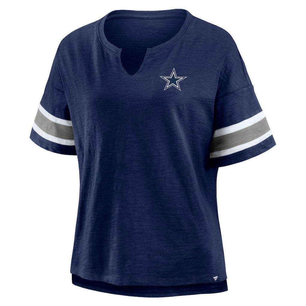 Dallas Cowboys Fanatics Women's Redzone Bling Stripe Sleeve Notch Neck T-Shirt