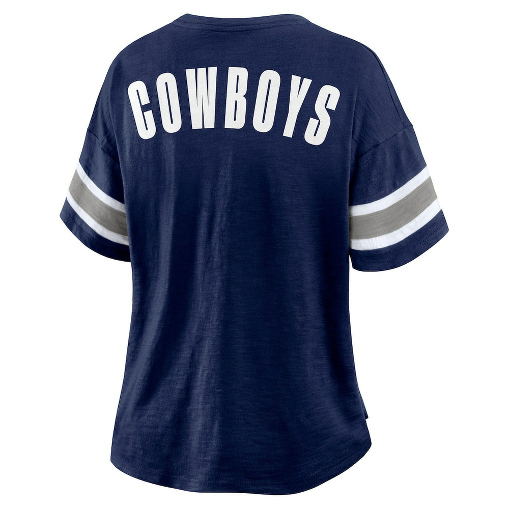 Dallas Cowboys Fanatics Women's Redzone Bling Stripe Sleeve Notch Neck T-Shirt