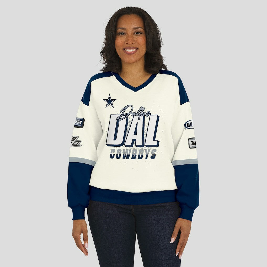 Dallas Cowboys  WEAR by Erin Andrews Women's Racing Crew V-Neck Sweatshirt