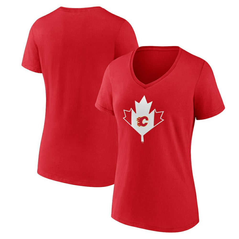 Calgary Flames Women's Canada Day V-Neck T-Shirt On Sale