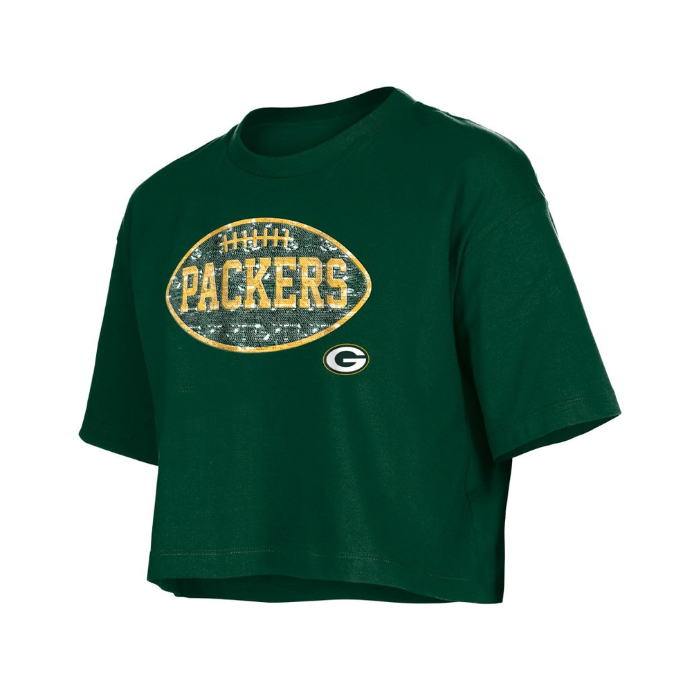 Green Bay Packers New Era Girl's Flip Sequin Boxy T-Shirt