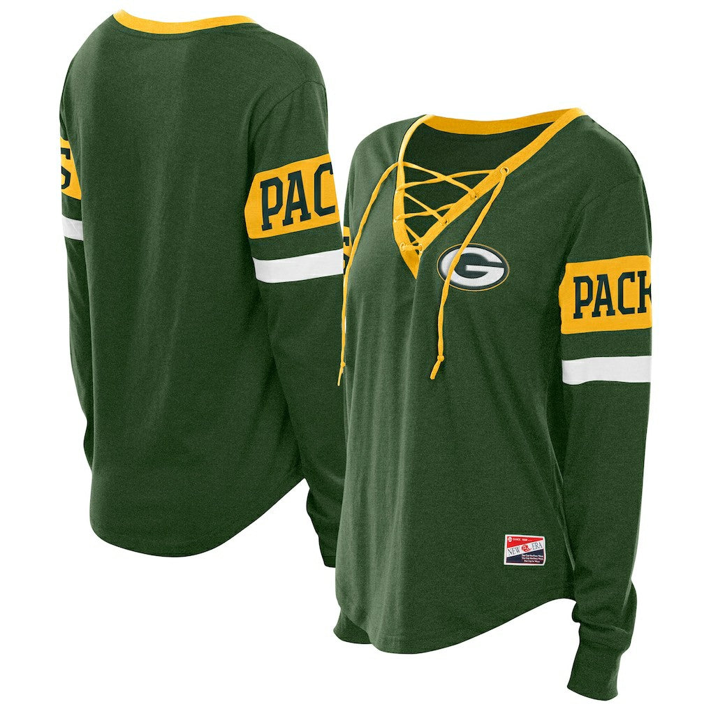 Green Bay Packers New Era Women's Throwback Lace-Up Long-Sleeve T-Shirt