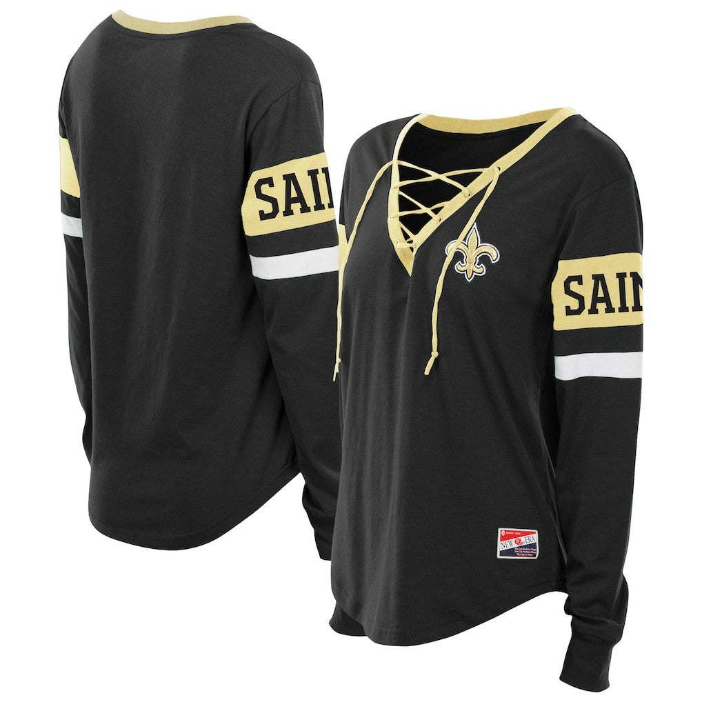 New Orleans Saints New Era Women's Plus Size Throwback Lace-Up Long Sleeve T-Shirt