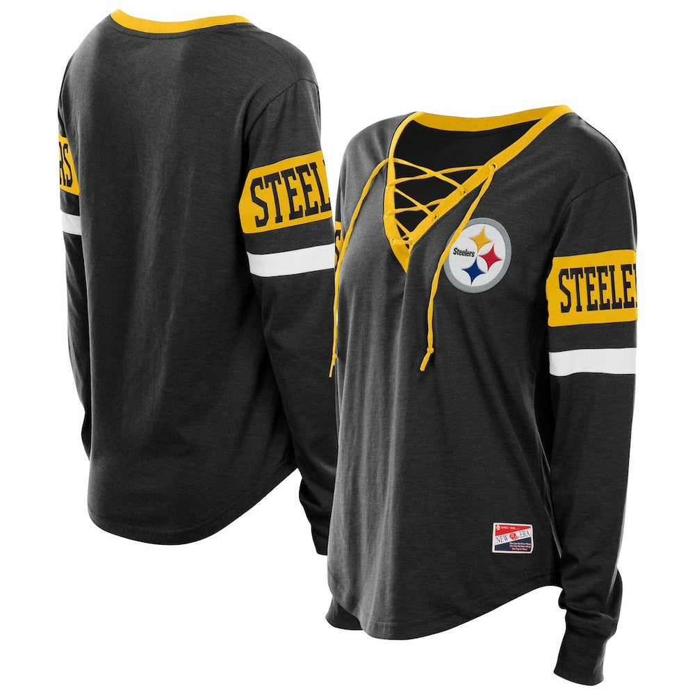 Pittsburgh Steelers New Era Women's Plus Size Throwback Lace-Up Long Sleeve T-Shirt
