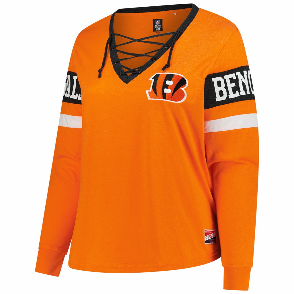 Cincinnati Bengals New Era Women's Plus Size Throwback Lace-Up Long Sleeve T-Shirt