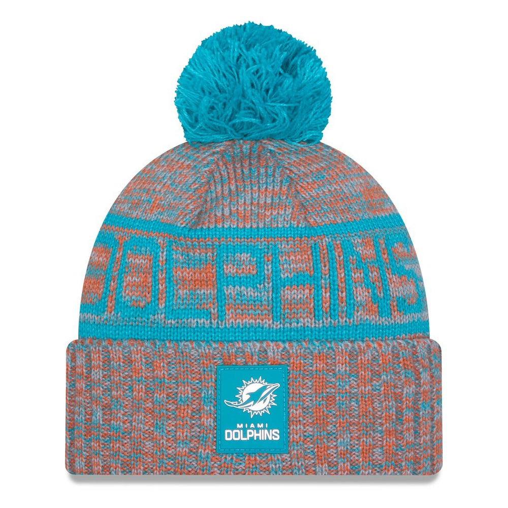 Miami Dolphins New Era 2025 Sideline Cold Weather Cuffed Knit Hat with Pom
