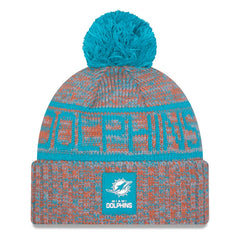 Miami Dolphins New Era 2025 Sideline Cold Weather Cuffed Knit Hat with Pom