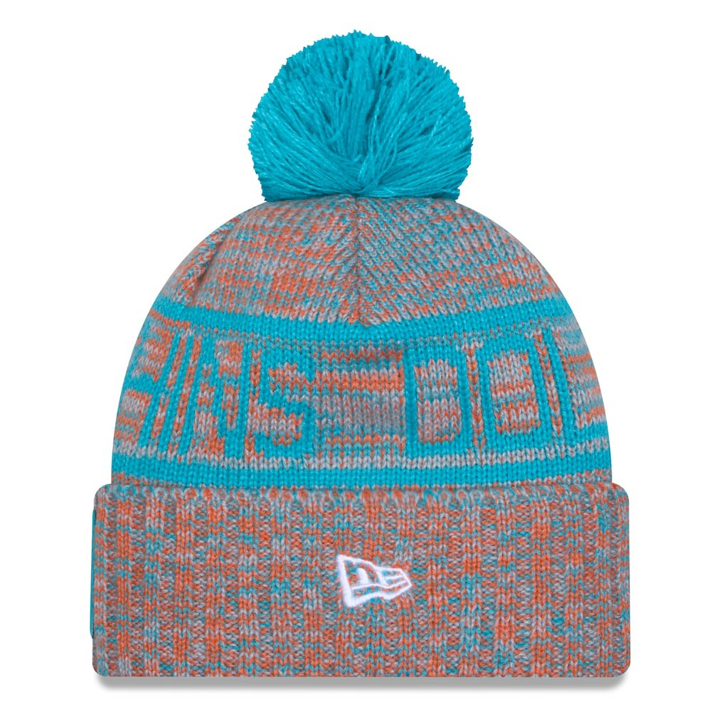 Miami Dolphins New Era 2025 Sideline Cold Weather Cuffed Knit Hat with Pom