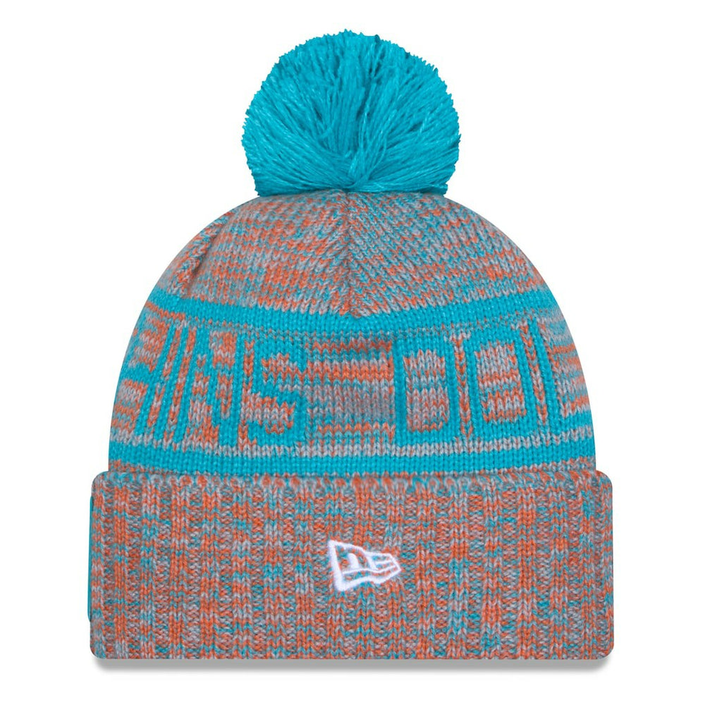Miami Dolphins New Era 2025 Sideline Cold Weather Cuffed Knit Hat with Pom