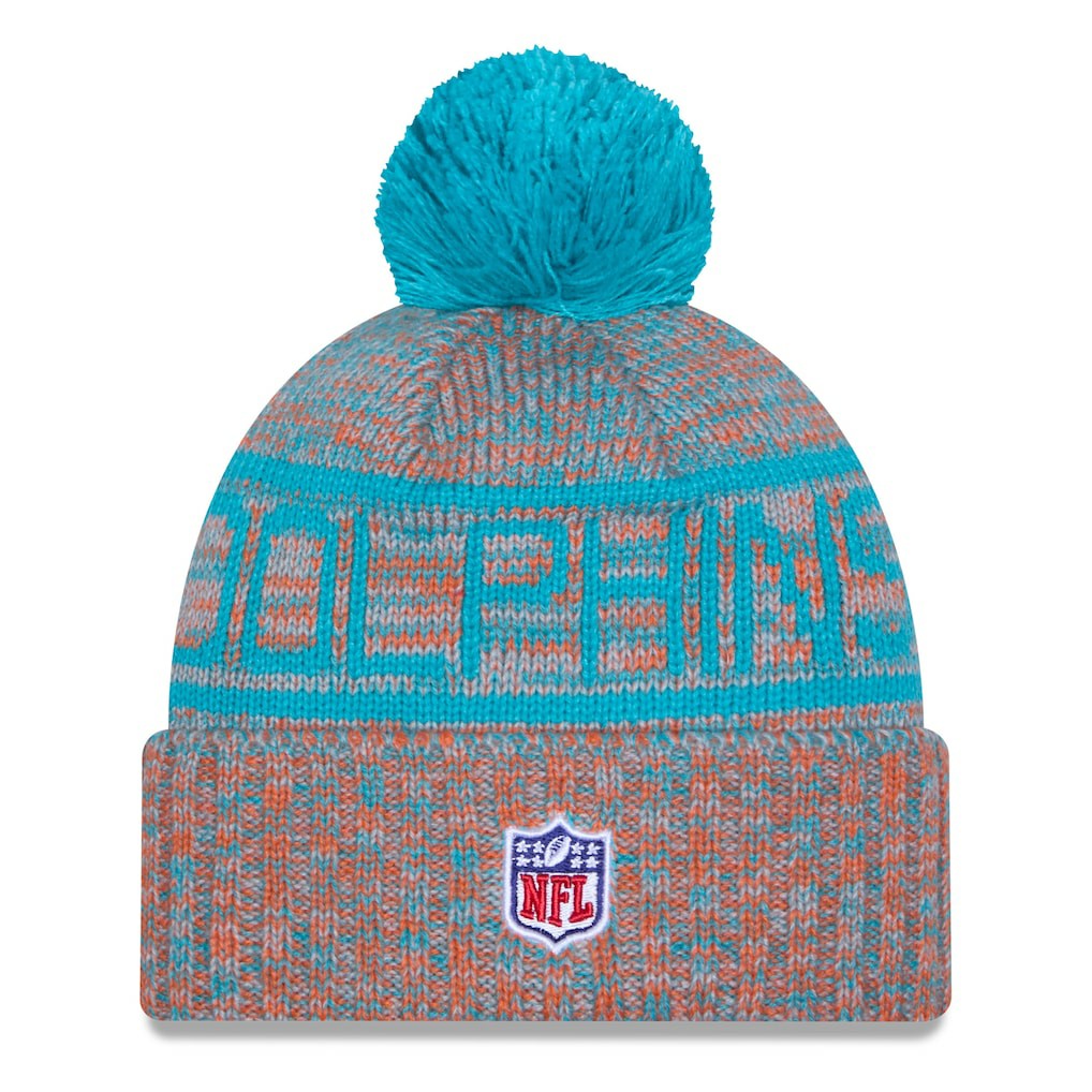 Miami Dolphins New Era 2025 Sideline Cold Weather Cuffed Knit Hat with Pom