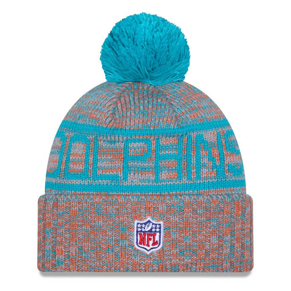 Miami Dolphins New Era 2025 Sideline Cold Weather Cuffed Knit Hat with Pom