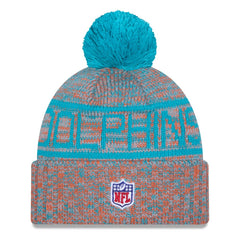 Miami Dolphins New Era 2025 Sideline Cold Weather Cuffed Knit Hat with Pom