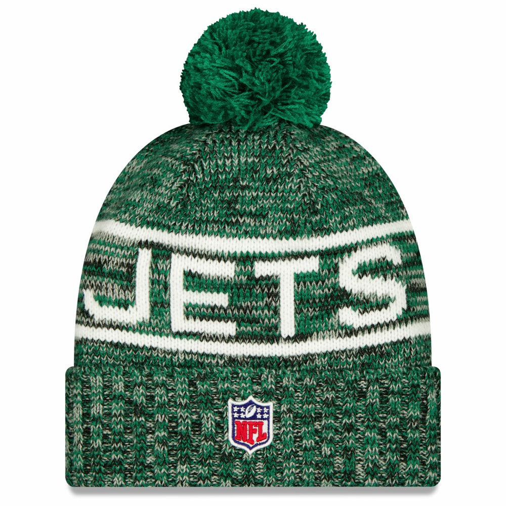 New York Jets New Era 2025 Sideline Cold Weather Cuffed Knit Hat with Pom