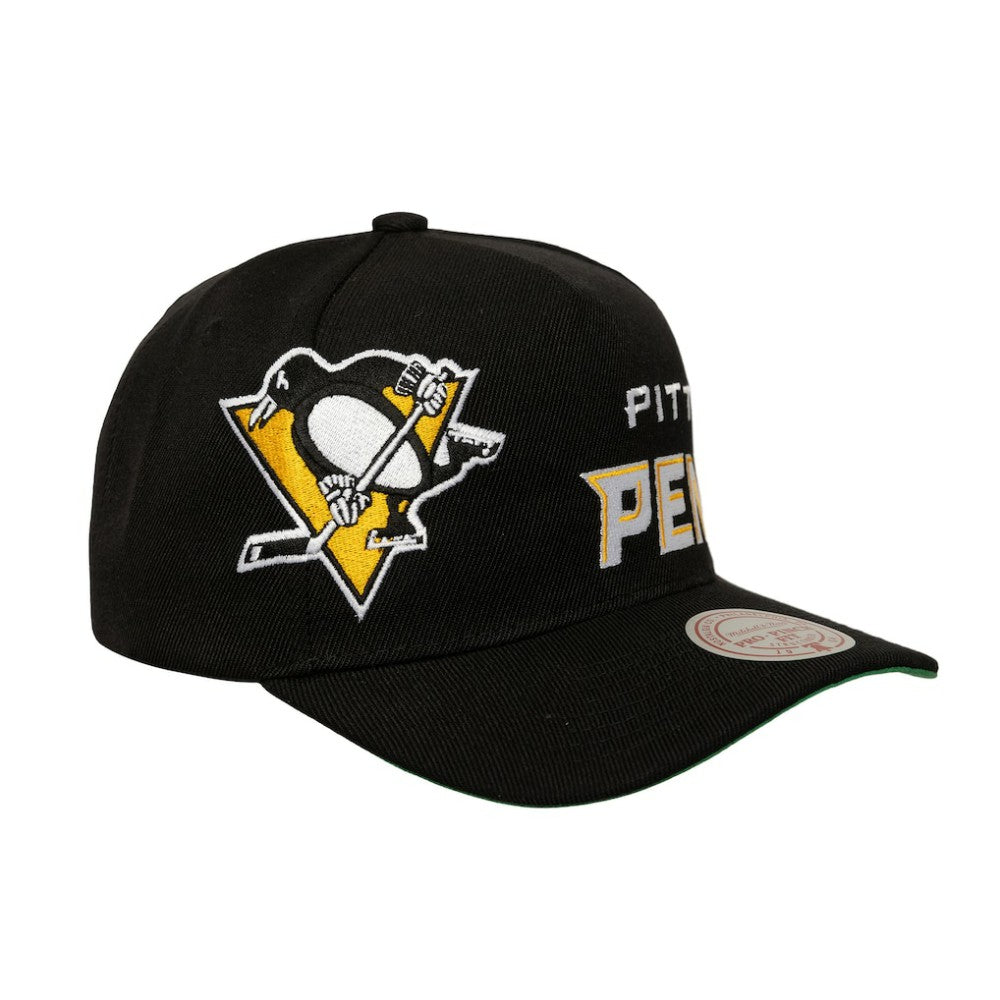 Pittsburgh Penguins Mitchell & Ness Busted Logo Wordmark Wrap-Around Pro Pinch Adjustable Hat For Sale