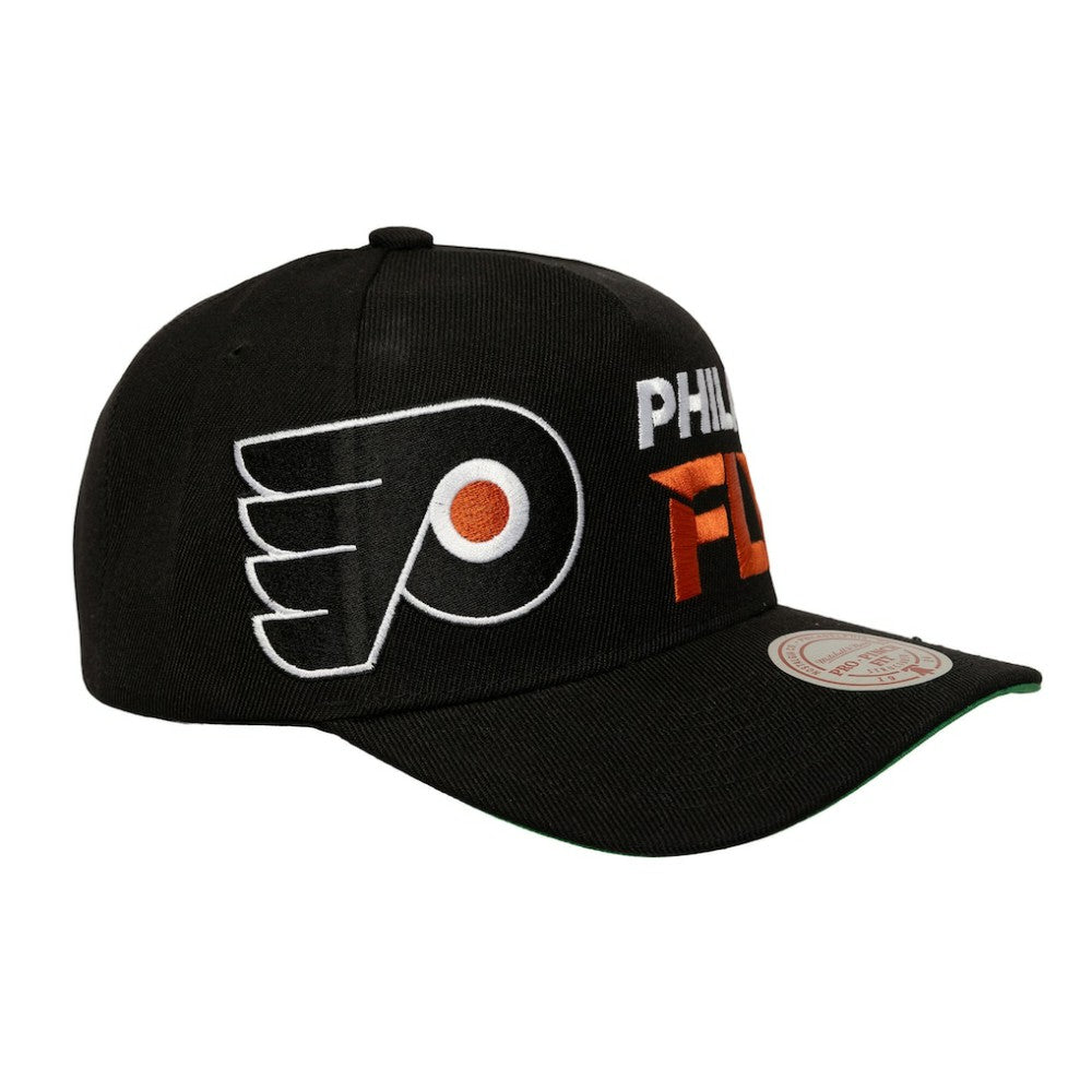 Philadelphia Flyers Mitchell & Ness Busted Logo Wordmark Wrap-Around Pro Pinch Adjustable Hat For Sale
