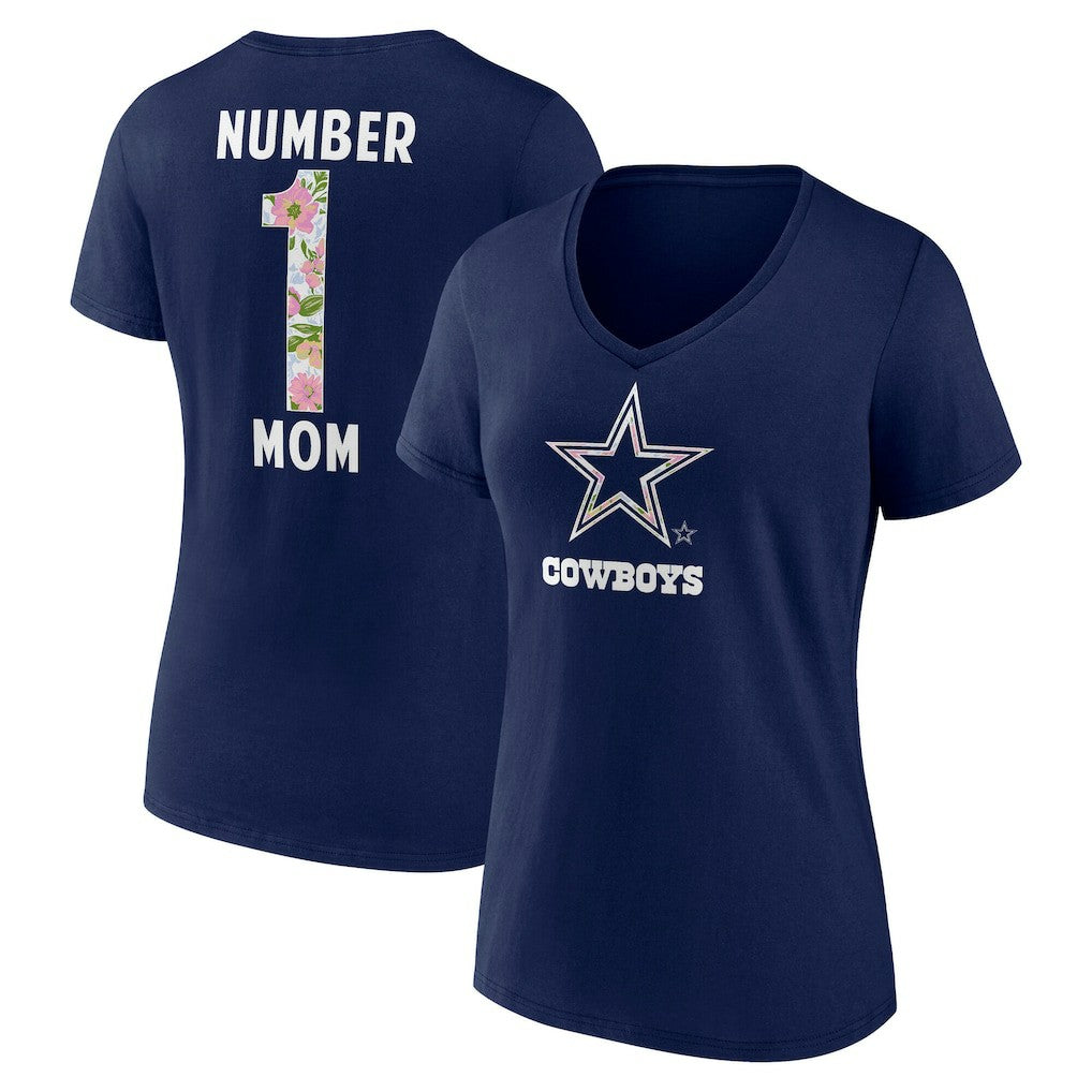 Dallas Cowboys  Women's Floral Number 1 Mom V-Neck T-Shirt