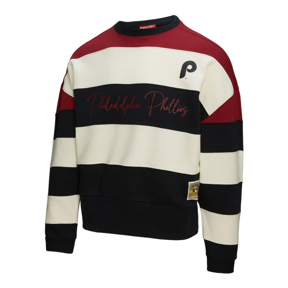 Philadelphia Phillies Mitchell & Ness Women's Cooperstown Collection Blocked Fleece Pullover Sweatshirt- Burgundy/Black | MLB For sale