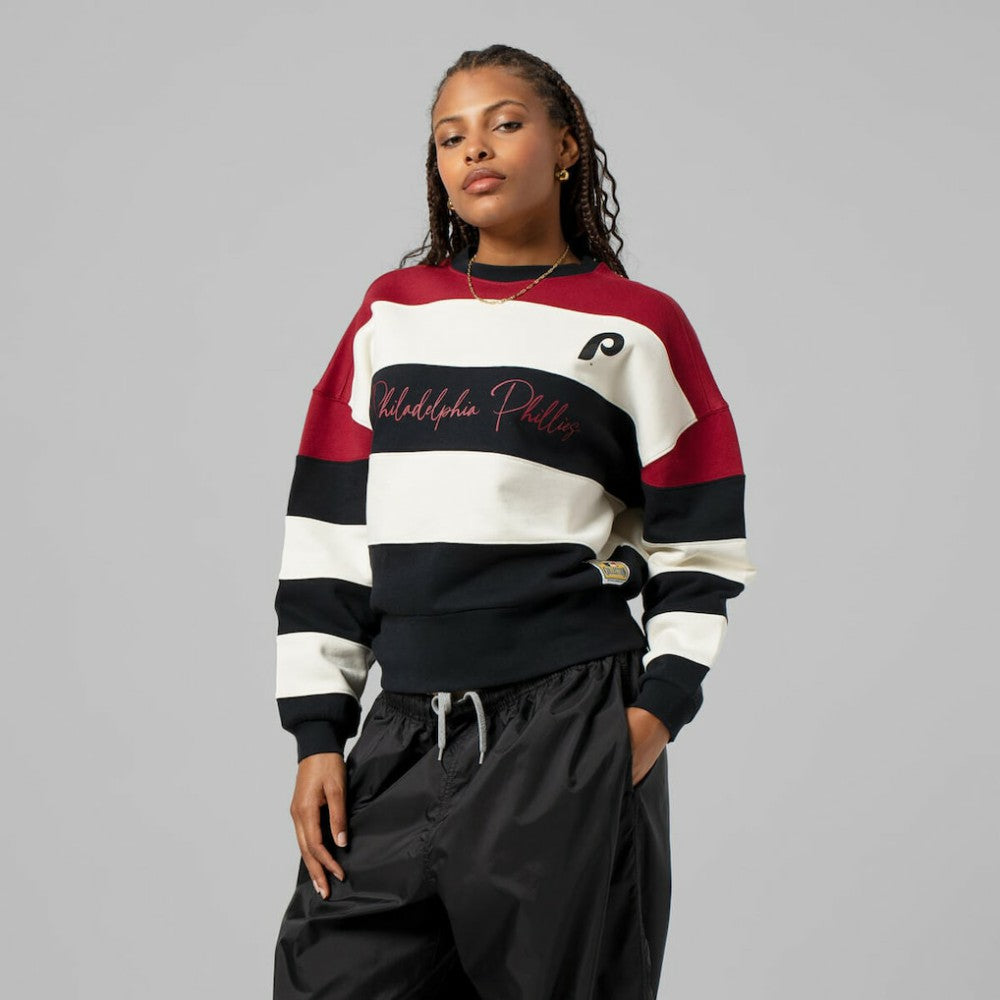 Philadelphia Phillies Mitchell & Ness Women's Cooperstown Collection Blocked Fleece Pullover Sweatshirt- Burgundy/Black | MLB For sale