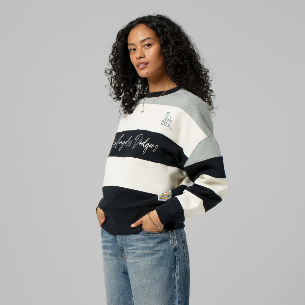 Los Angeles Dodgers Mitchell & Ness Women's Cooperstown Collection Blocked Fleece Pullover Sweatshirt- Gray/Black | MLB New