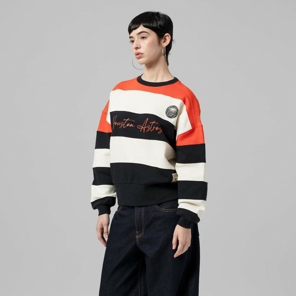 Houston Astros Mitchell & Ness Women's Cooperstown Collection Blocked Fleece Pullover Sweatshirt- Orange/Black | MLB US