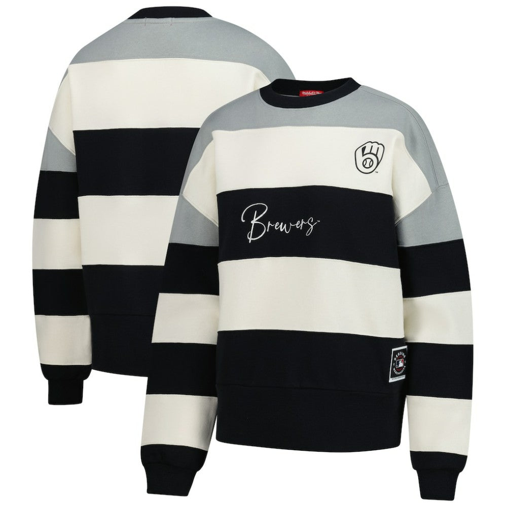 Milwaukee Brewers Mitchell & Ness Women's Cooperstown Collection Blocked Fleece Pullover Sweatshirt- Gray/Black | MLB On Sale