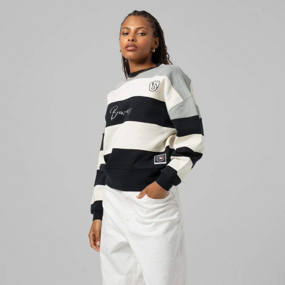 Milwaukee Brewers Mitchell & Ness Women's Cooperstown Collection Blocked Fleece Pullover Sweatshirt- Gray/Black | MLB On Sale