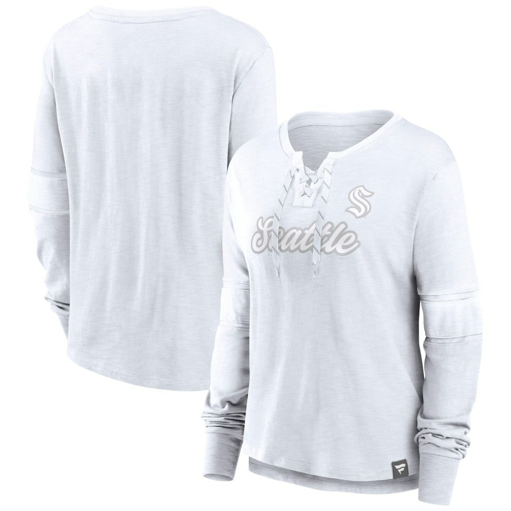 Seattle Kraken Fanatics Women's White Out Lace-Up Fashion Long Sleeve T-Shirt For Sale