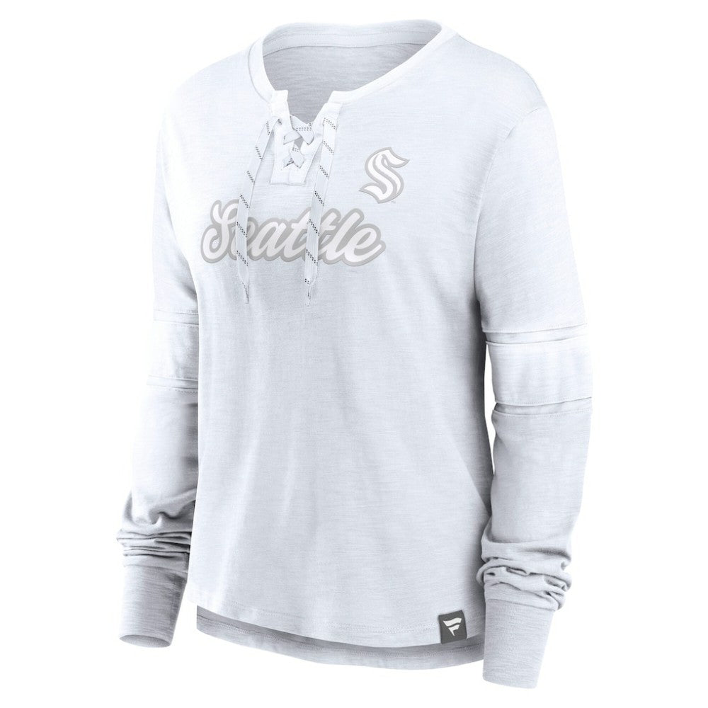 Seattle Kraken Fanatics Women's White Out Lace-Up Fashion Long Sleeve T-Shirt For Sale