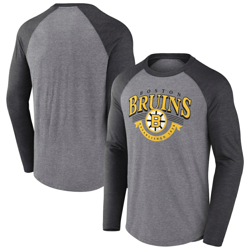 Boston Bruins Fanatics Goal Crease Raglan Tri-Blend Long Sleeve T-Shirt For Sale