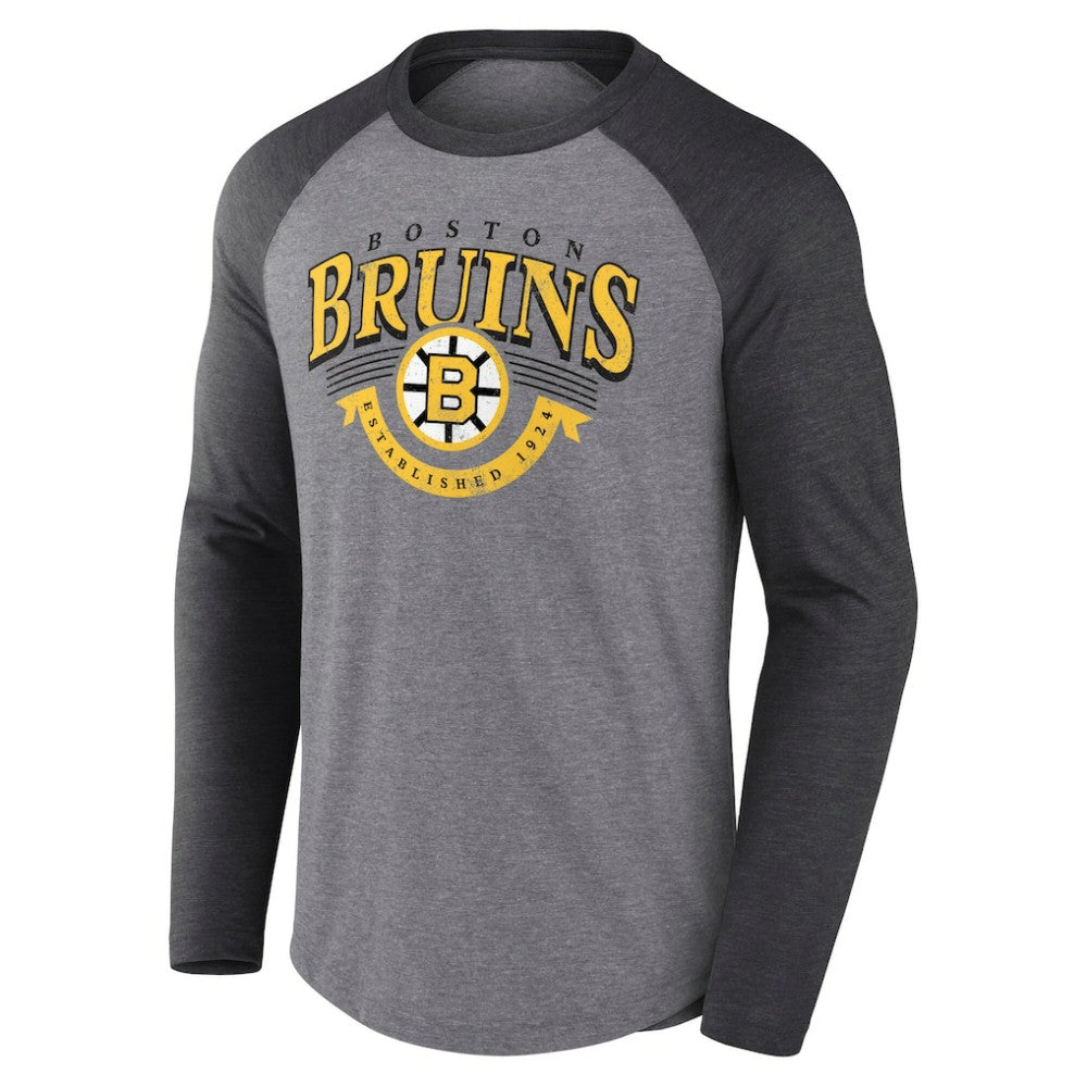 Boston Bruins Fanatics Goal Crease Raglan Tri-Blend Long Sleeve T-Shirt For Sale