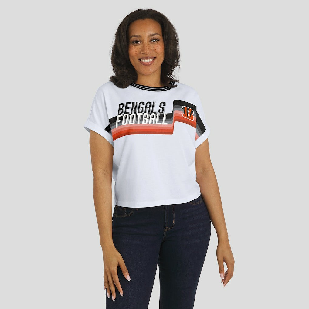 Cincinnati Bengals  WEAR by Erin Andrews Women's Cropped Center Stripe Dolman T-Shirt