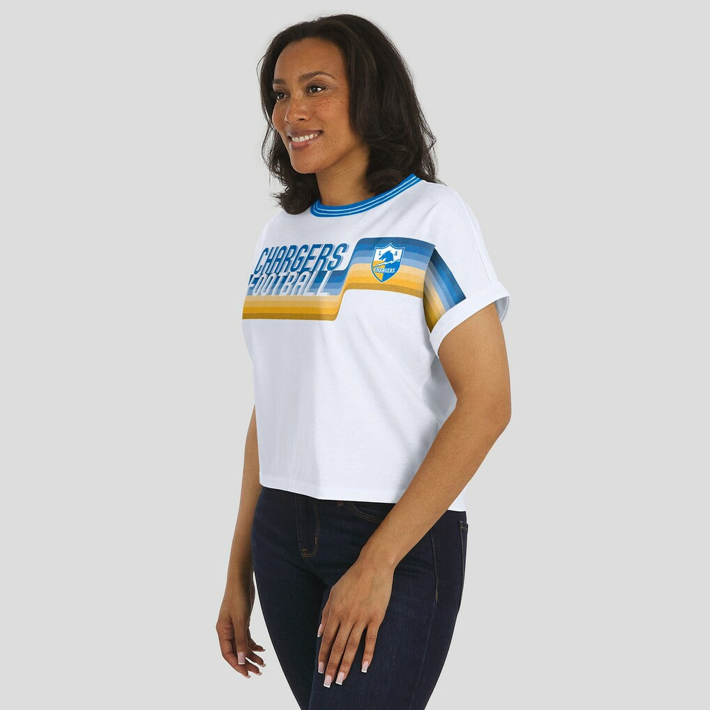 Los Angeles Chargers  WEAR by Erin Andrews Women's Cropped Center Stripe Dolman T-Shirt