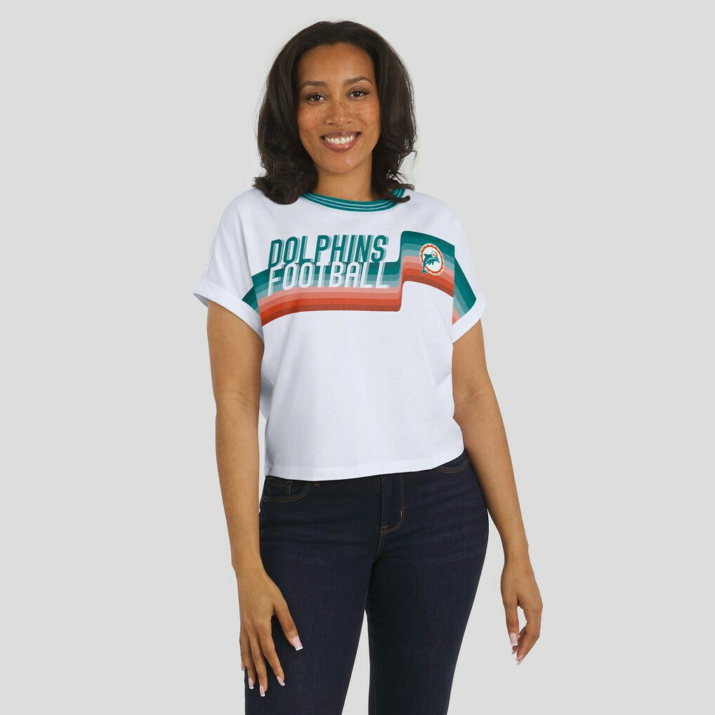 Miami Dolphins  WEAR by Erin Andrews Women's Cropped Center Stripe Dolman T-Shirt