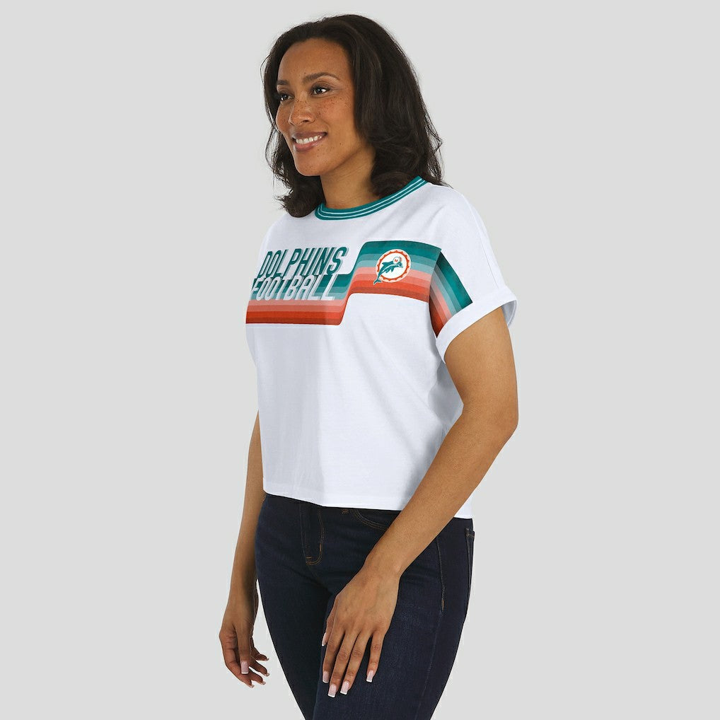 Miami Dolphins  WEAR by Erin Andrews Women's Cropped Center Stripe Dolman T-Shirt