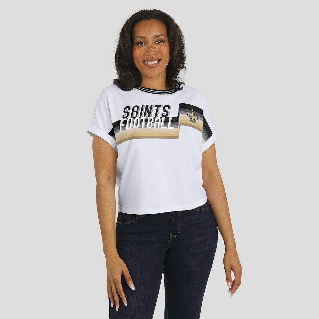 New Orleans Saints  WEAR by Erin Andrews Women's Cropped Center Stripe Dolman T-Shirt