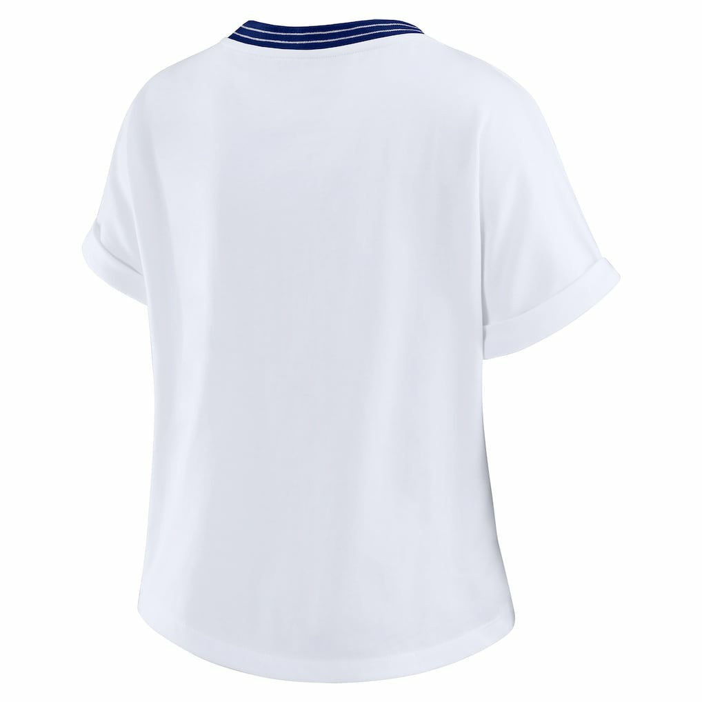 New York Giants  WEAR by Erin Andrews Women's Cropped Center Stripe Dolman T-Shirt