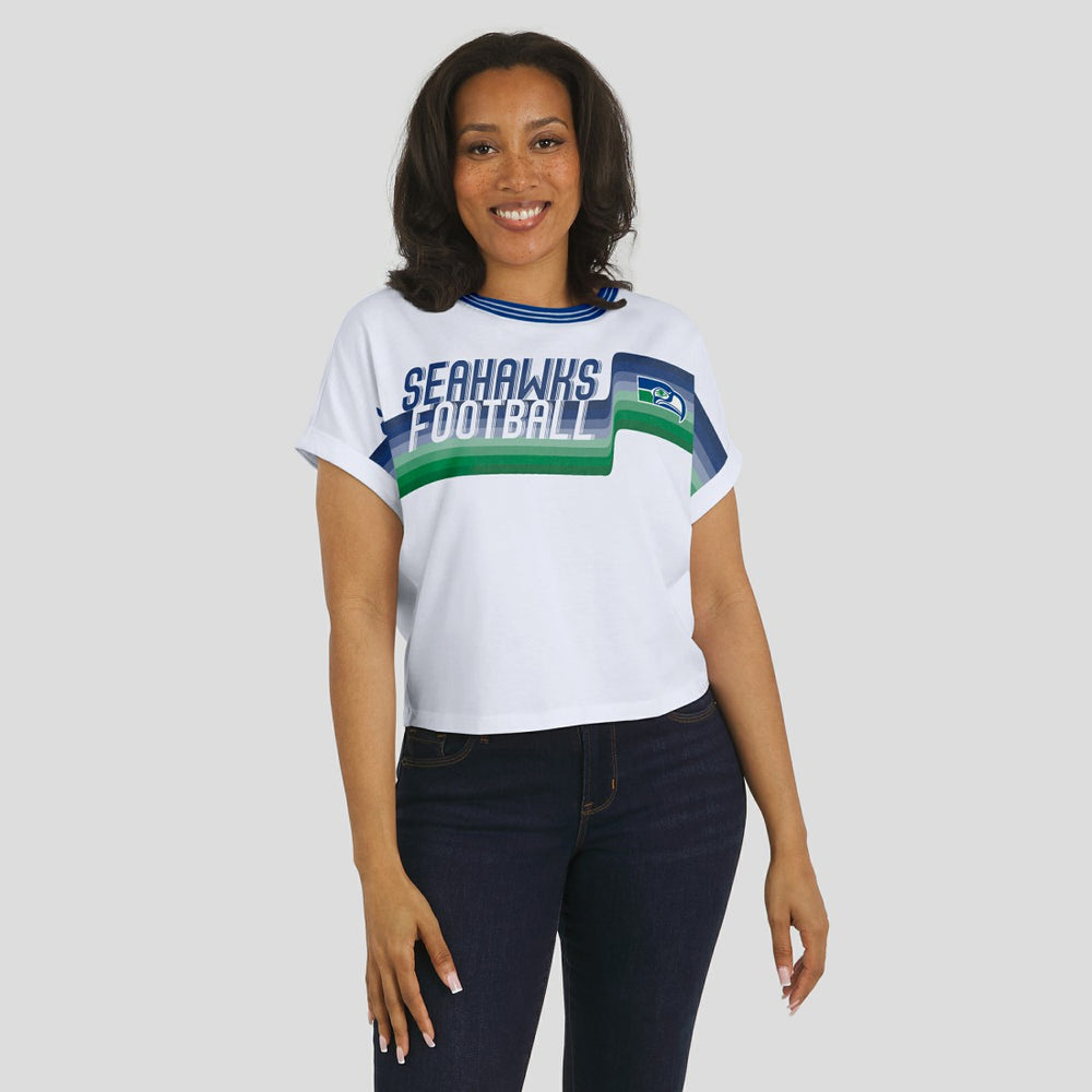 Seattle Seahawks  WEAR by Erin Andrews Women's Cropped Center Stripe Dolman T-Shirt