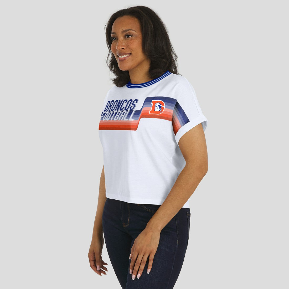 Denver Broncos  WEAR by Erin Andrews Women's Cropped Center Stripe Dolman T-Shirt