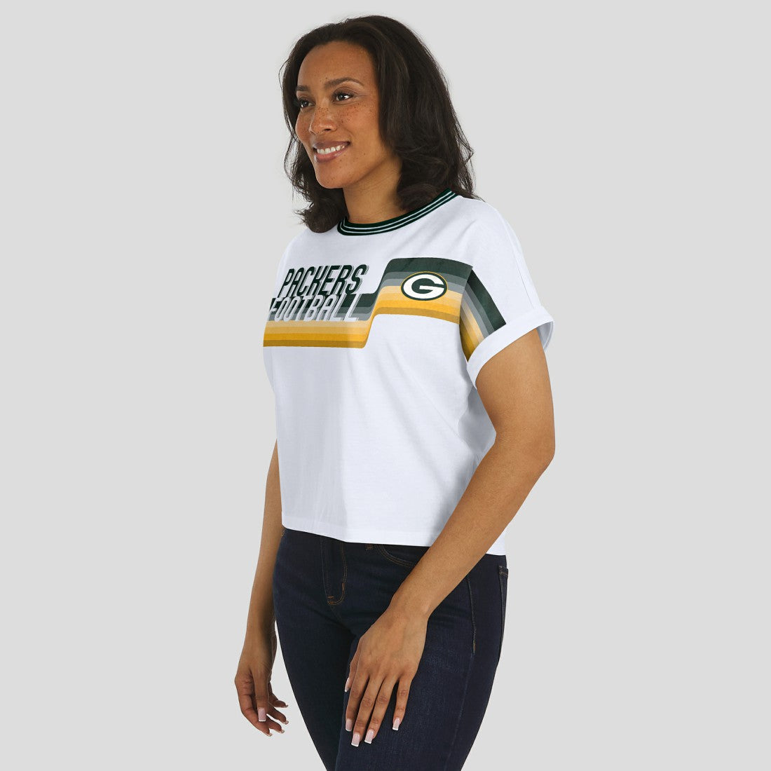 Green Bay Packers  WEAR by Erin Andrews Women's Cropped Center Stripe Dolman T-Shirt