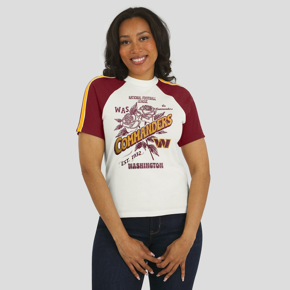Washington Commanders  WEAR by Erin Andrews Women's Sleeve Stripe Distressed Raglan T-Shirt