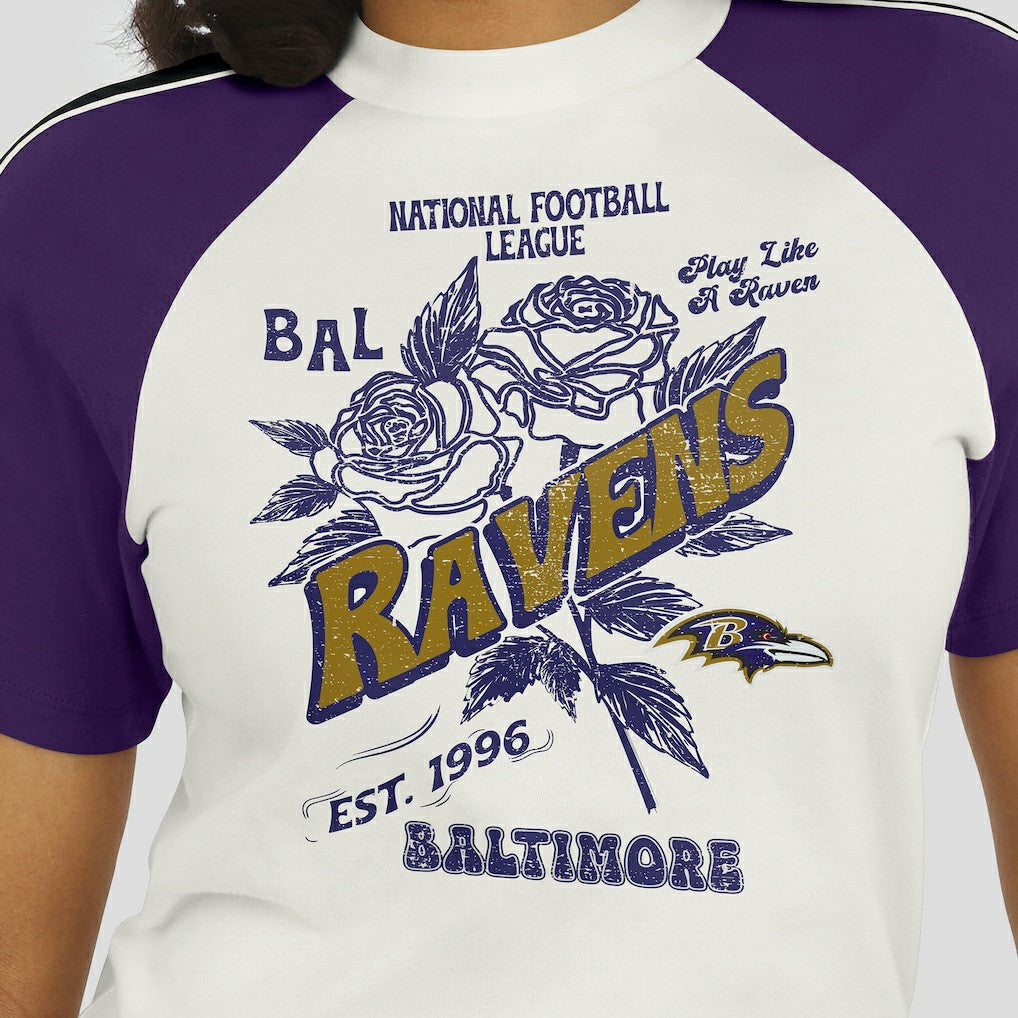 Baltimore Ravens  WEAR by Erin Andrews Women's Sleeve Stripe Distressed Raglan T-Shirt
