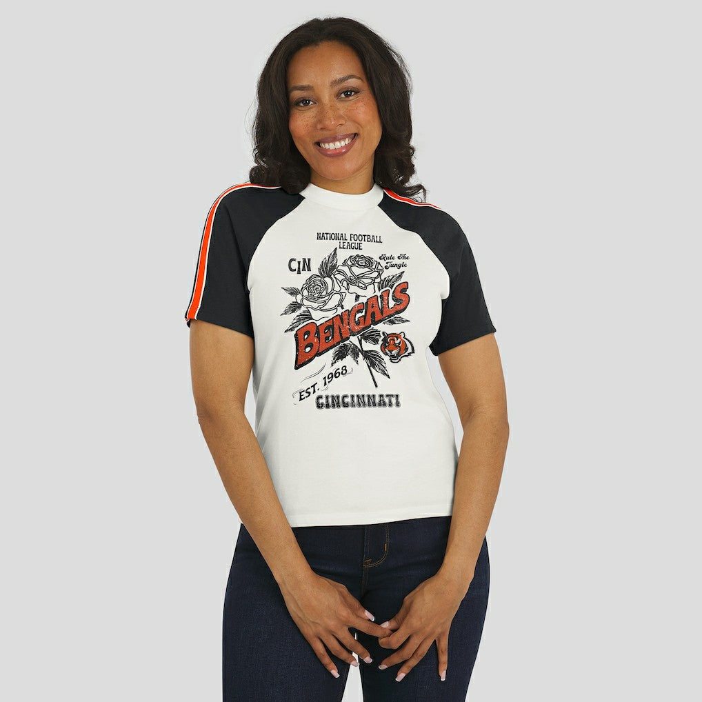 Cincinnati Bengals  WEAR by Erin Andrews Women's Sleeve Stripe Distressed Raglan T-Shirt