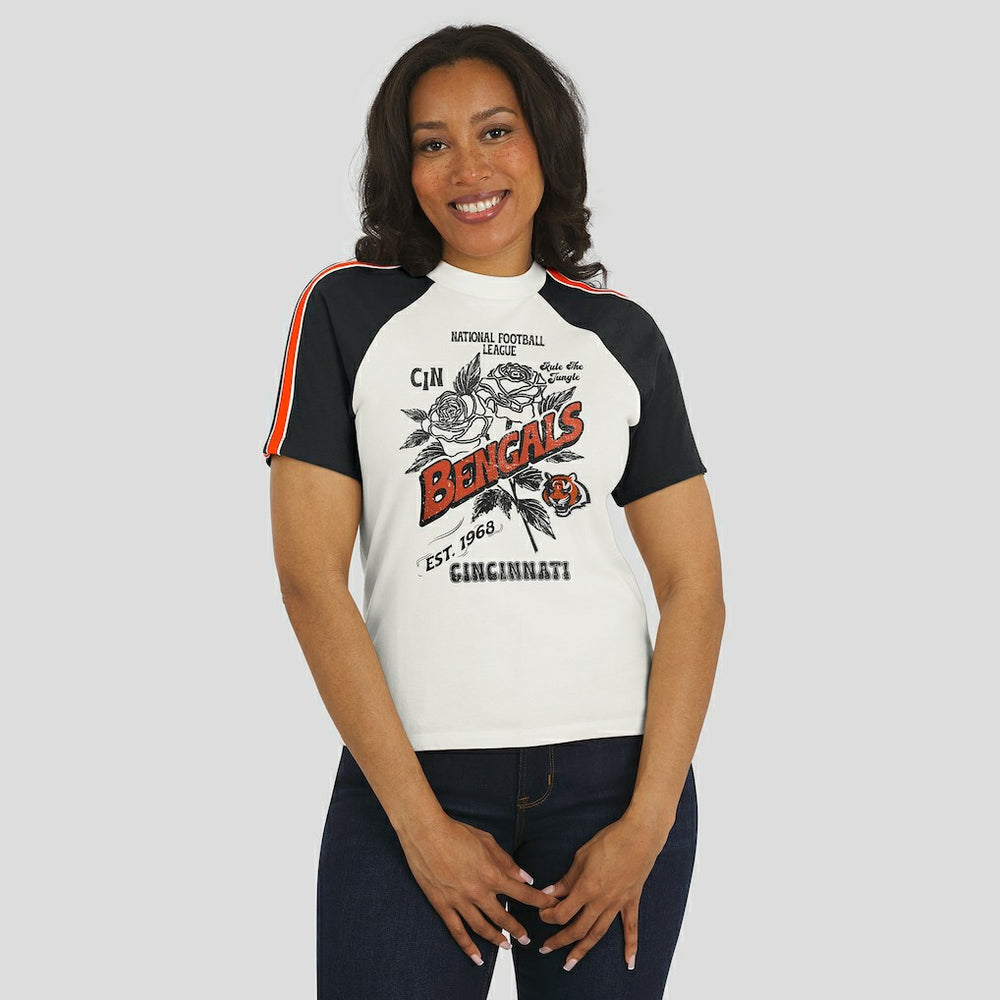 Cincinnati Bengals  WEAR by Erin Andrews Women's Sleeve Stripe Distressed Raglan T-Shirt