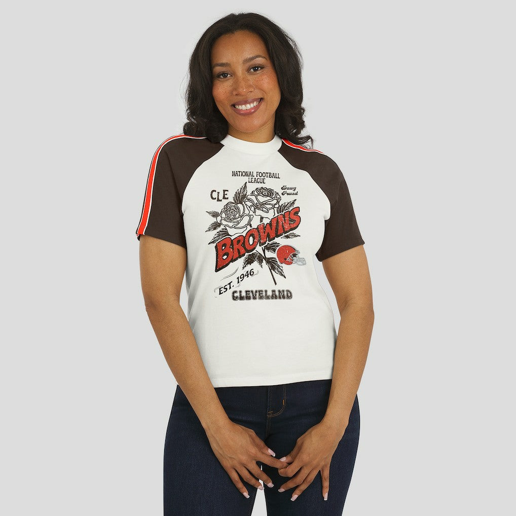 Cleveland Browns  WEAR by Erin Andrews Women's Sleeve Stripe Distressed Raglan T-Shirt