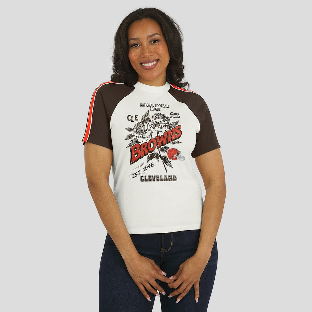 Cleveland Browns  WEAR by Erin Andrews Women's Sleeve Stripe Distressed Raglan T-Shirt
