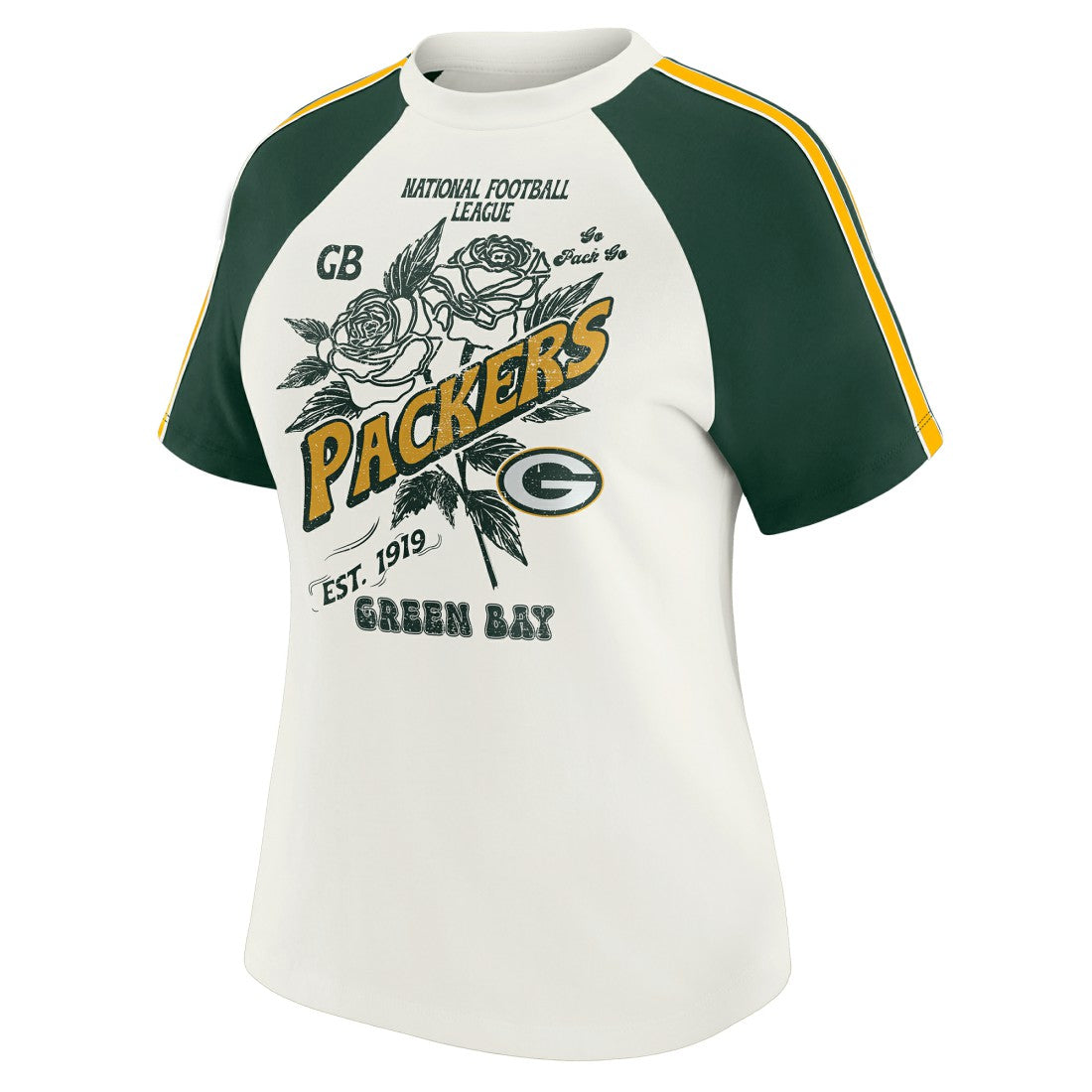 Green Bay Packers  WEAR by Erin Andrews Women's Sleeve Stripe Distressed Raglan T-Shirt