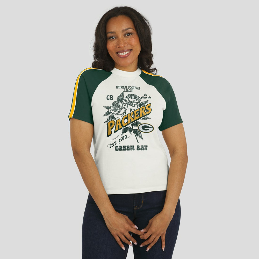 Green Bay Packers  WEAR by Erin Andrews Women's Sleeve Stripe Distressed Raglan T-Shirt