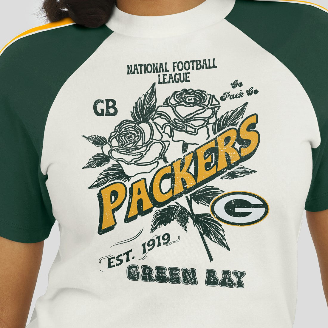 Green Bay Packers  WEAR by Erin Andrews Women's Sleeve Stripe Distressed Raglan T-Shirt